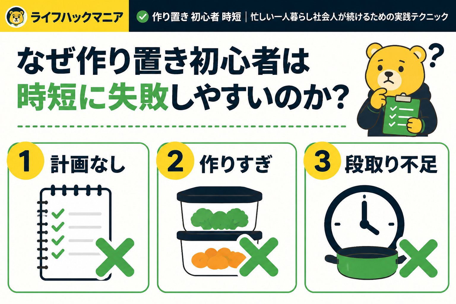 食費節約・自炊 なぜ作り置き初心者は時短に失敗しやすいのか？3つの原因