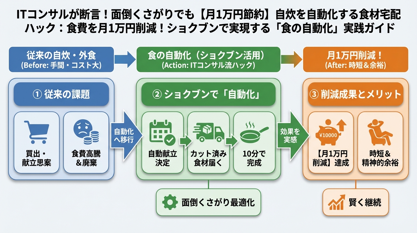 食費節約・自炊 食費を月1万円削減！ショクブンで実現する「食の自動化」実践ガイド