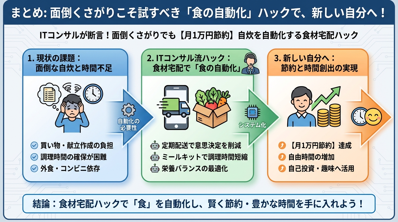 食費節約・自炊 まとめ: 面倒くさがりこそ試すべき「食の自動化」ハックで、新しい自分へ！
