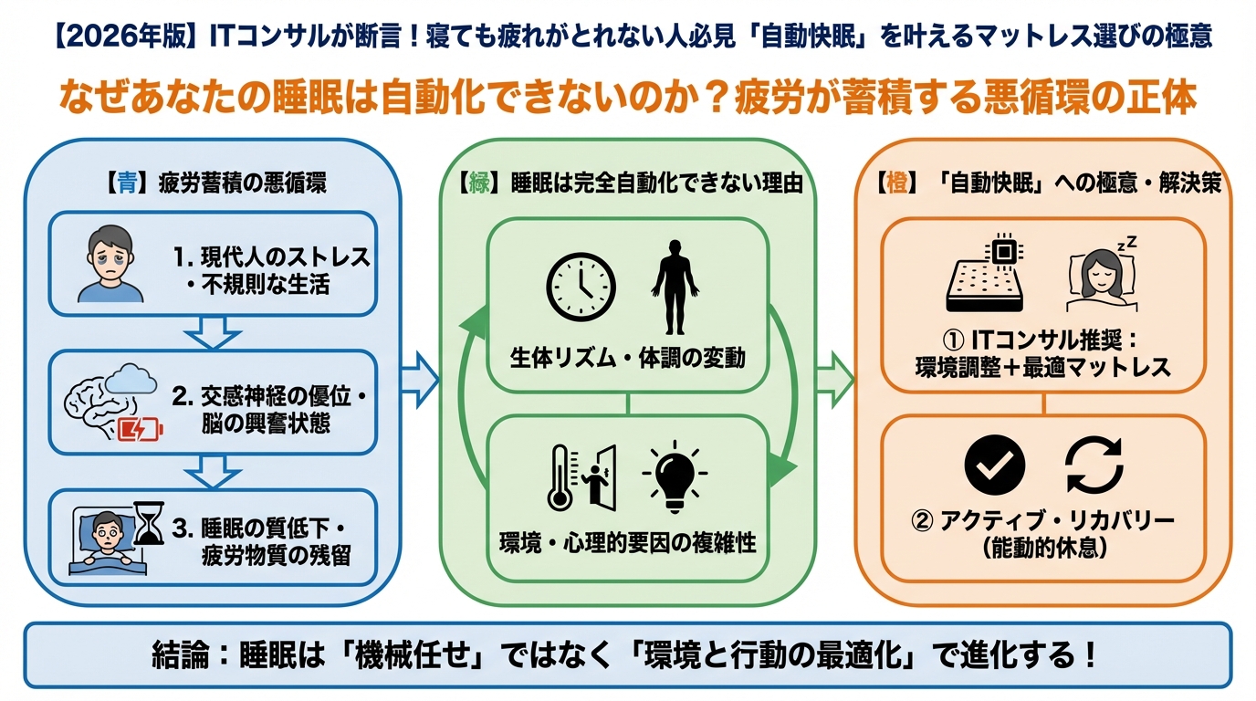 マットレス・睡眠 なぜあなたの睡眠は自動化できないのか？疲労が蓄積する悪循環の正体