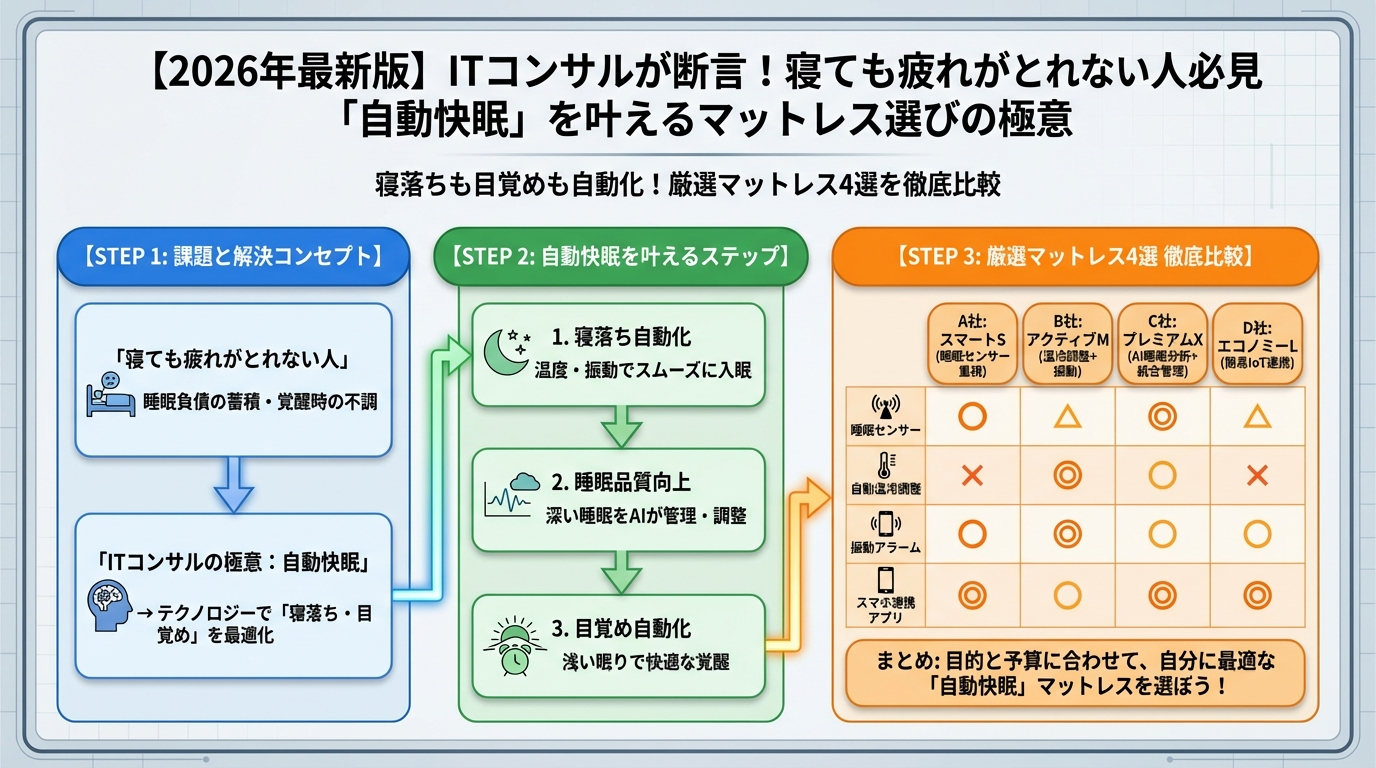 マットレス・睡眠 【2026年最新版】寝落ちも目覚めも自動化！厳選マットレス4選を徹底比較