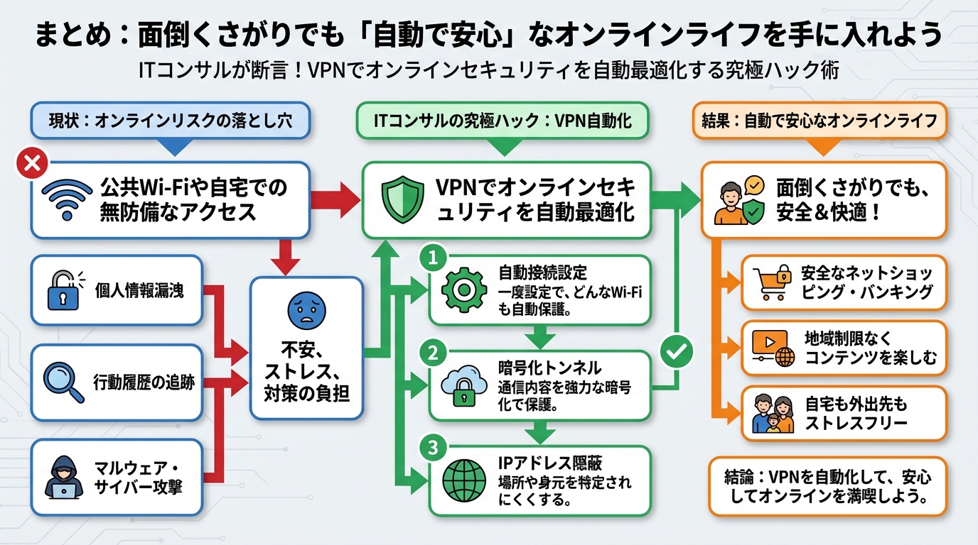 VPN・セキュリティ まとめ:面倒くさがりでも「自動で安心」なオンラインライフを手に入れよう