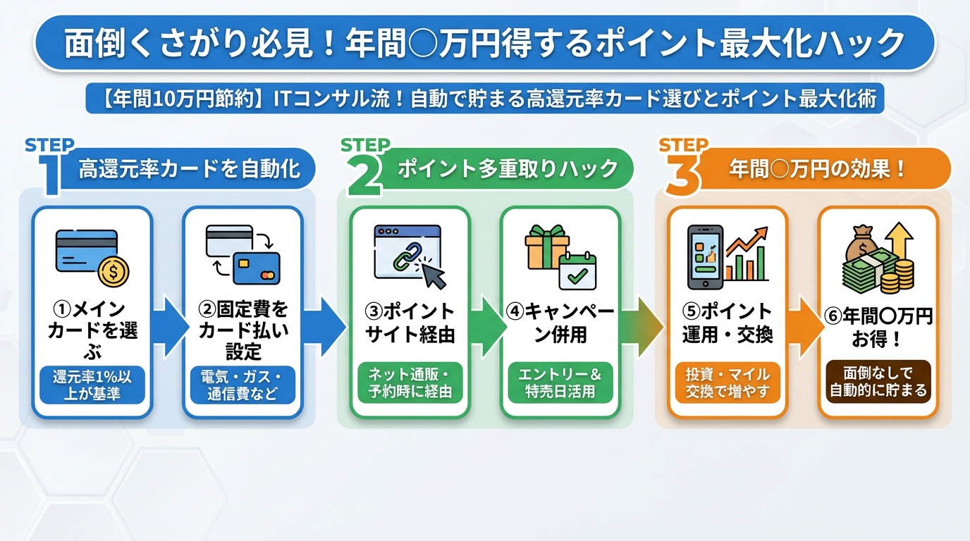 クレジットカード・節約 面倒くさがり必見！年間〇万円得するポイント最大化ハック