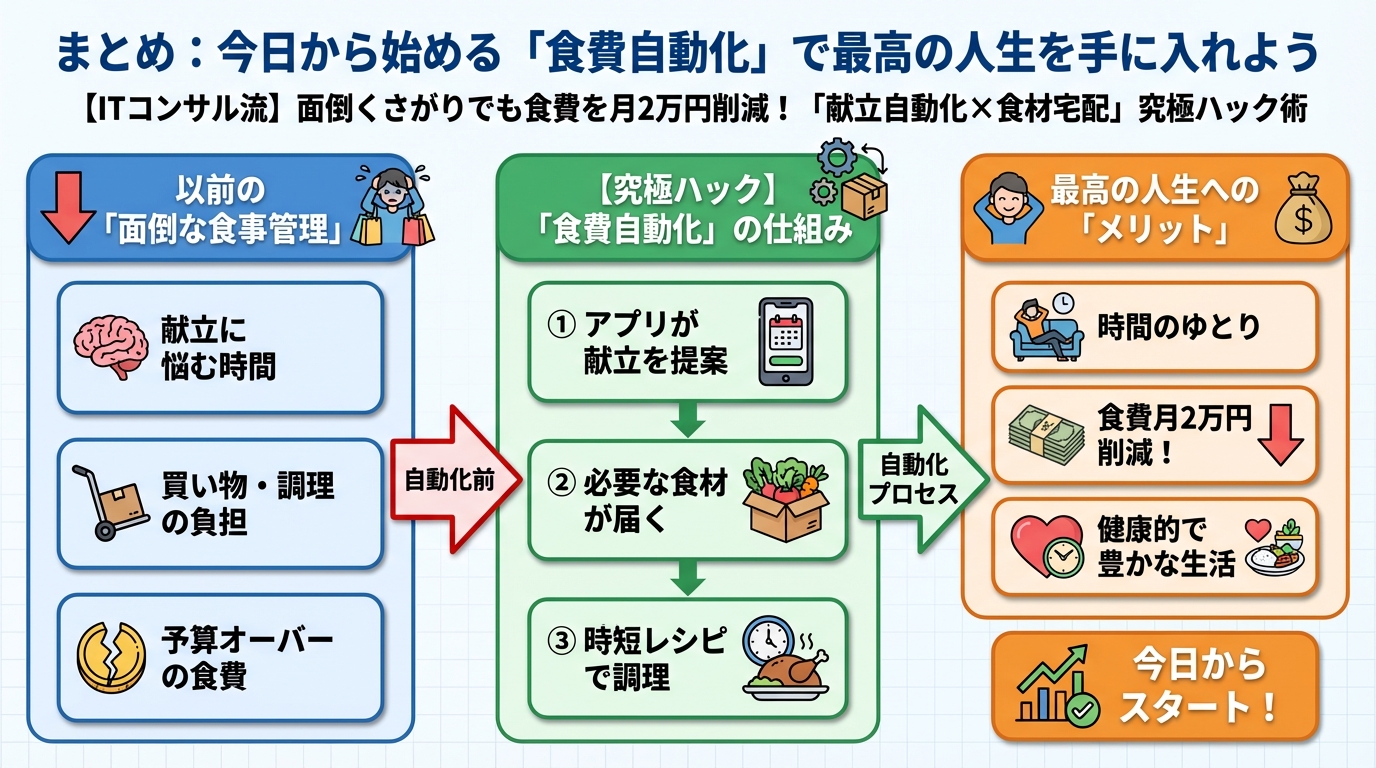 食費節約・自炊 まとめ:今日から始める「食費自動化」で最高の人生を手に入れよう