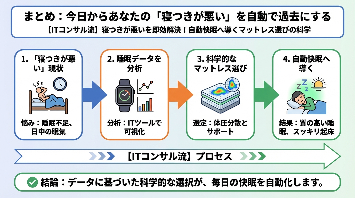 マットレス・睡眠 まとめ：今日からあなたの「寝つきが悪い」を自動で過去にする