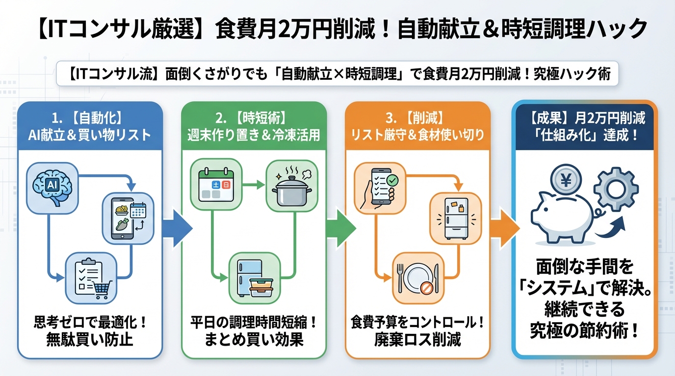 食費節約・自炊 【ITコンサル厳選】食費月2万円削減！自動献立＆時短調理ハック