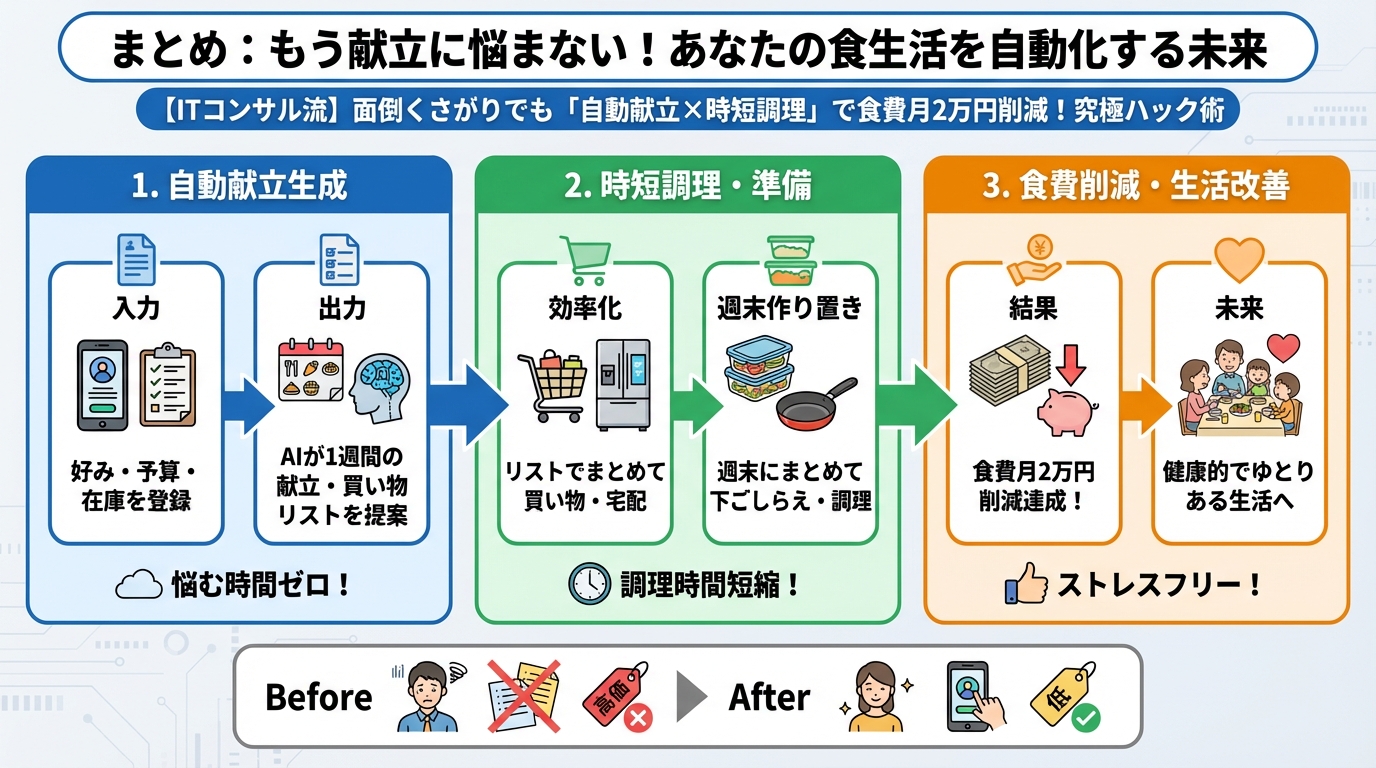 食費節約・自炊 まとめ：もう献立に悩まない！あなたの食生活を自動化する未来