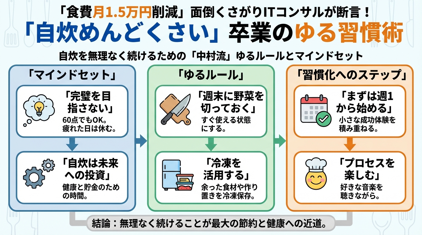 食費節約・自炊 自炊を無理なく続けるための「中村流」ゆるルールとマインドセット