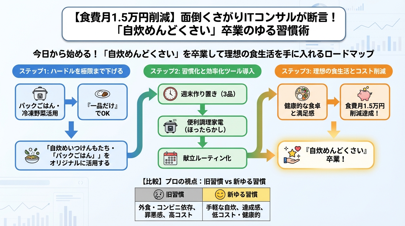 食費節約・自炊 今日から始める！「自炊めんどくさい」を卒業して理想の食生活を手に入れるロードマップ