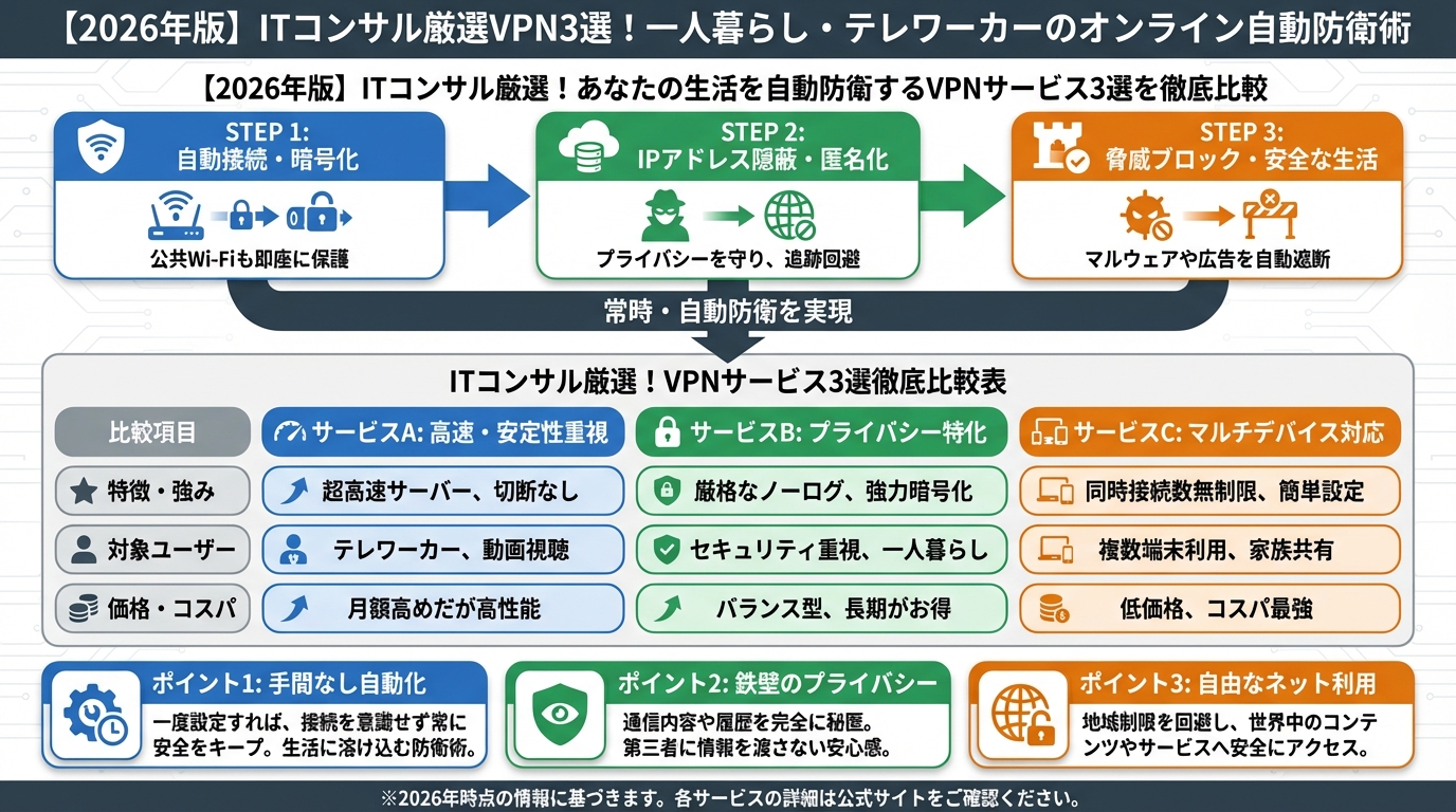 VPN・セキュリティ 【2026年版】ITコンサル厳選！あなたの生活を自動防衛するVPNサービス3選を徹底比較