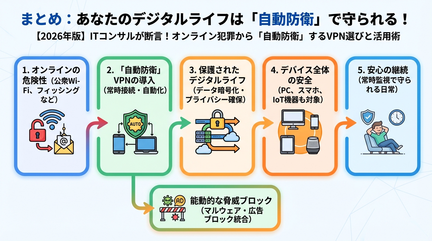 VPN・セキュリティ まとめ：あなたのデジタルライフは「自動防衛」で守られる！