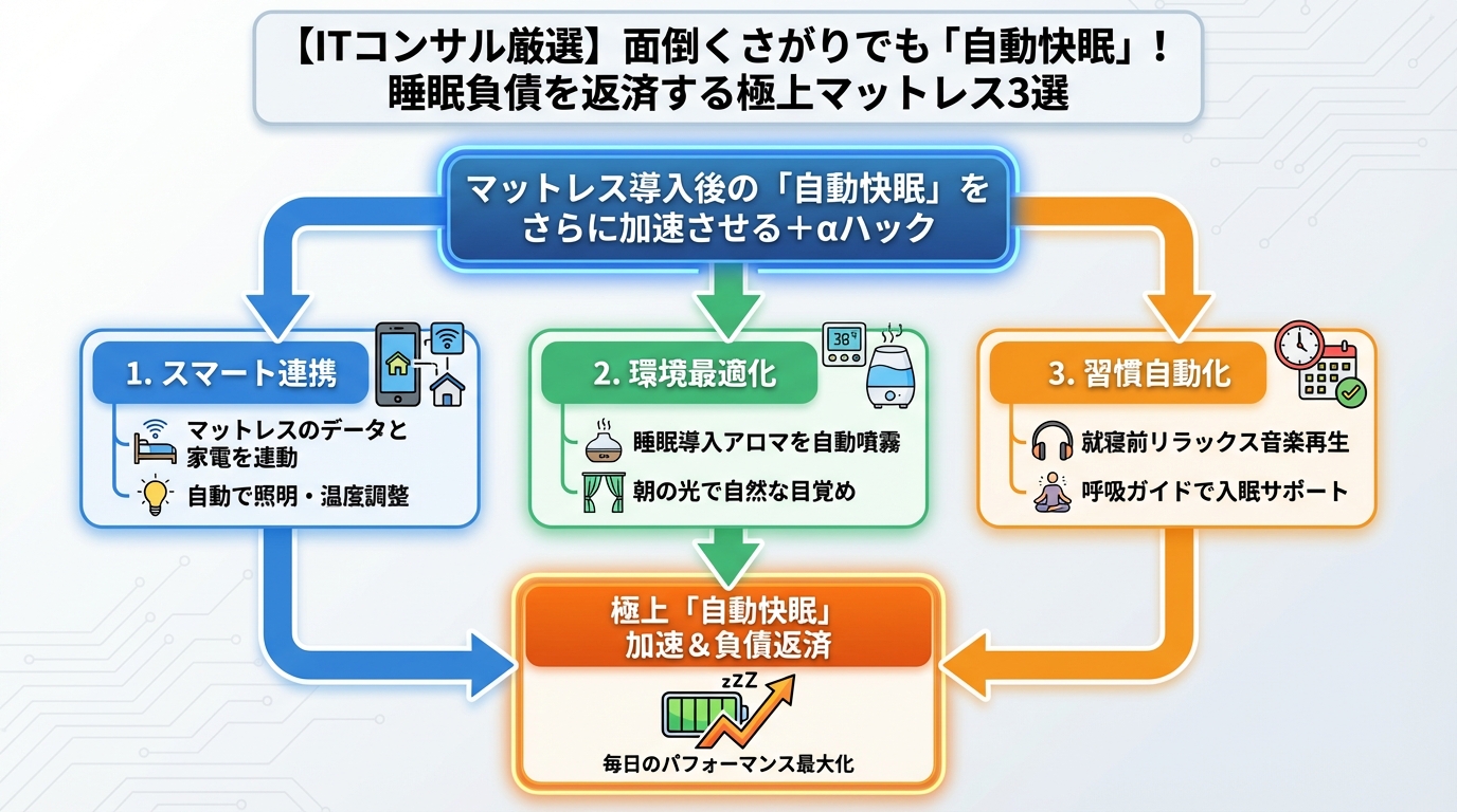 マットレス・睡眠 マットレス導入後の「自動快眠」をさらに加速させる＋αハック