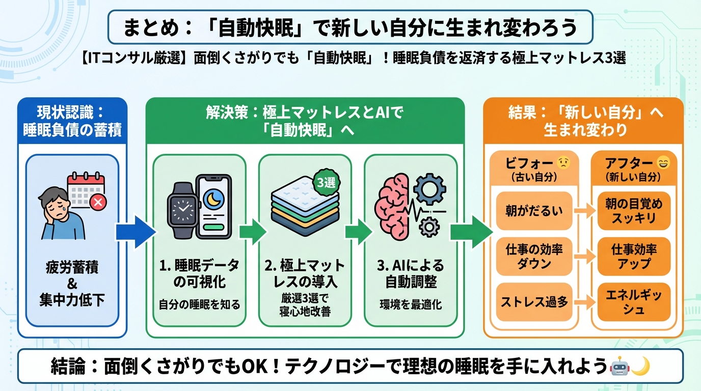 マットレス・睡眠 まとめ: 「自動快眠」で新しい自分に生まれ変わろう
