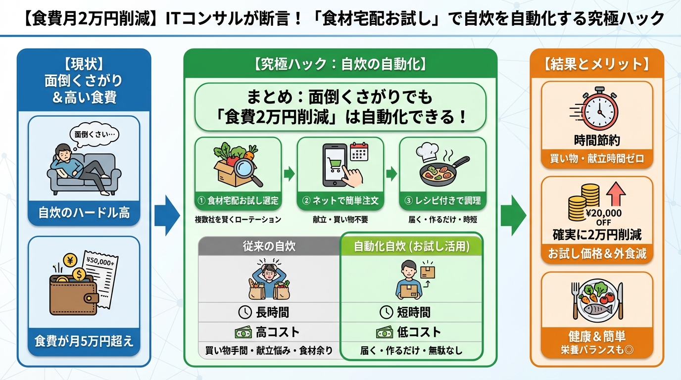 食費節約・自炊 まとめ: 面倒くさがりでも「食費2万円削減」は自動化できる！