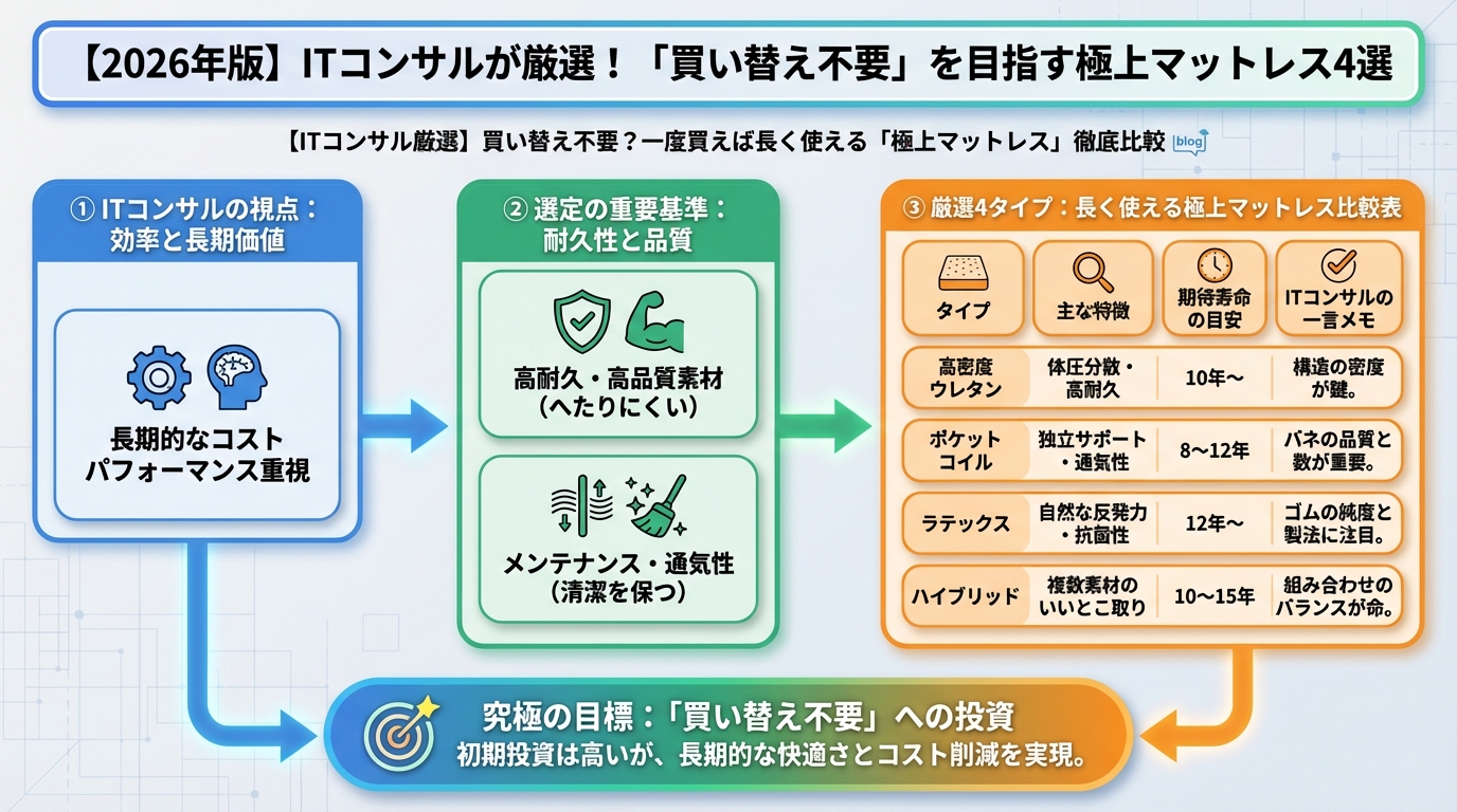 マットレス・睡眠 【2026年版】ITコンサルが厳選！「買い替え不要」を目指す極上マットレス4選