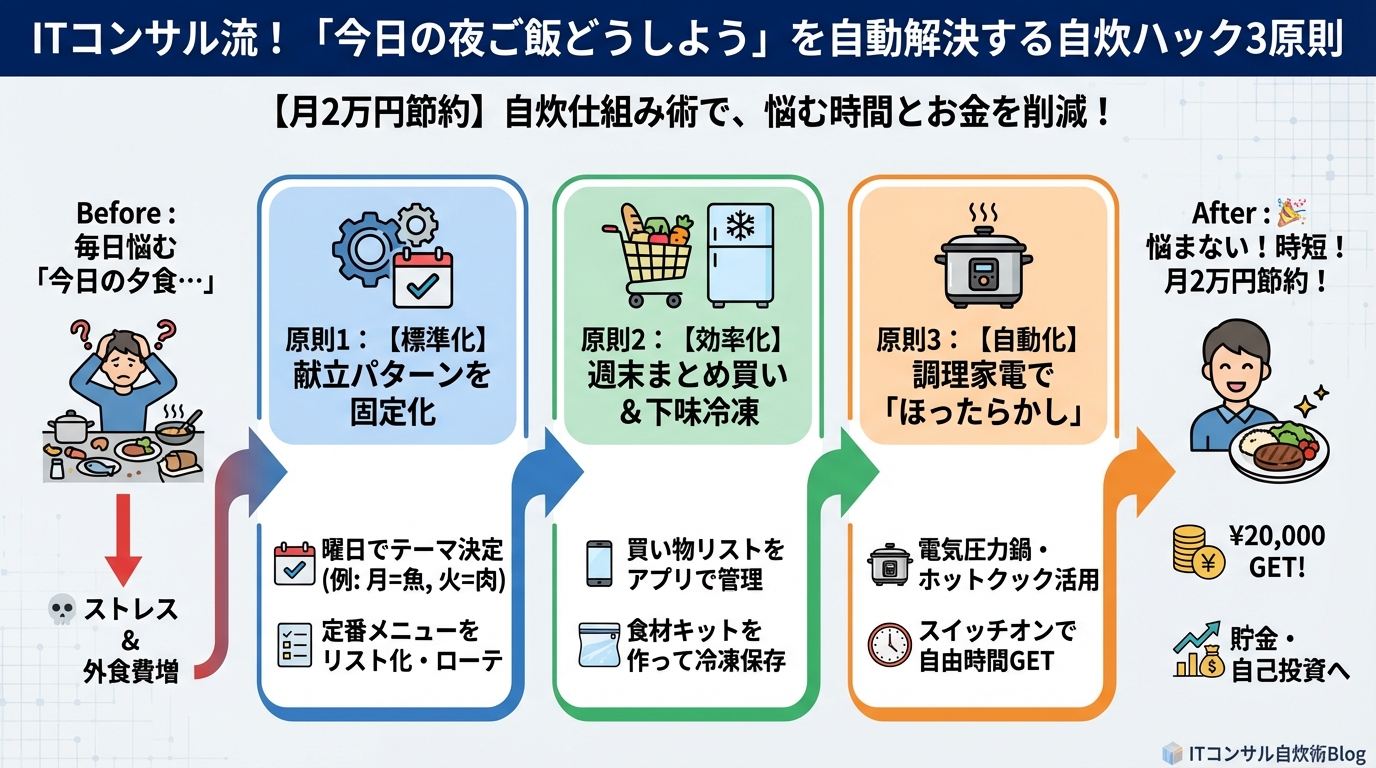 食費節約・自炊 「今日の夜ご飯どうしよう…」を自動解決！ITコンサル流自炊ハック3原則