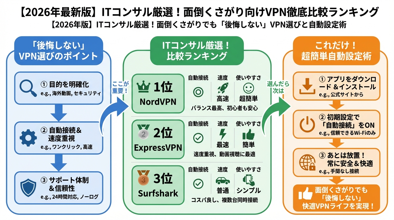 VPN・セキュリティ 【2026年最新版】ITコンサル厳選!面倒くさがり向けVPN徹底比較ランキング