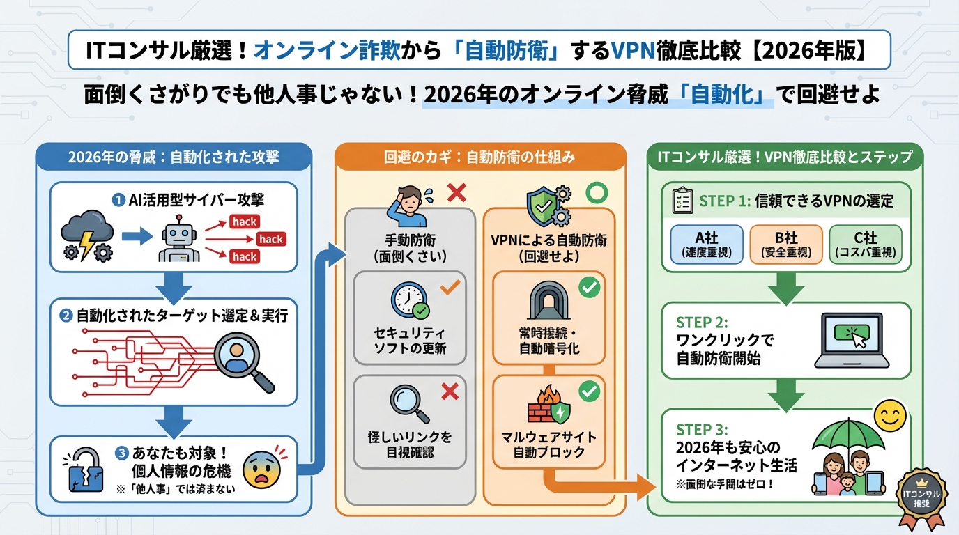 VPN・セキュリティ 面倒くさがりでも他人事じゃない！2026年のオンライン脅威「自動化」で回避せよ