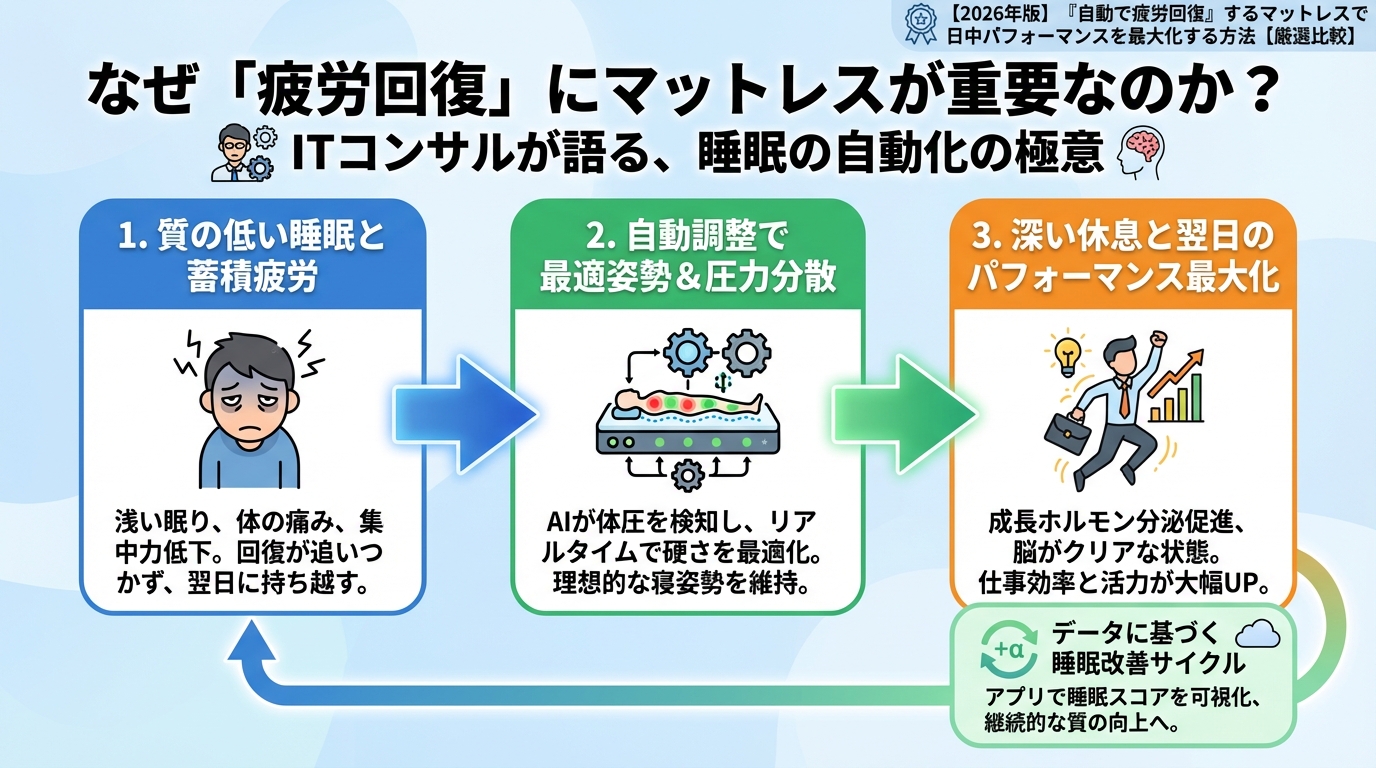 マットレス・睡眠 なぜ「疲労回復」にマットレスが重要なのか？ITコンサルが語る、睡眠の自動化の極意