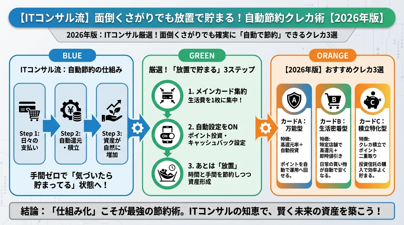クレジットカード・節約 2026年版:ITコンサル厳選!面倒くさがりでも確実に「自動で節約」できるクレカ3選