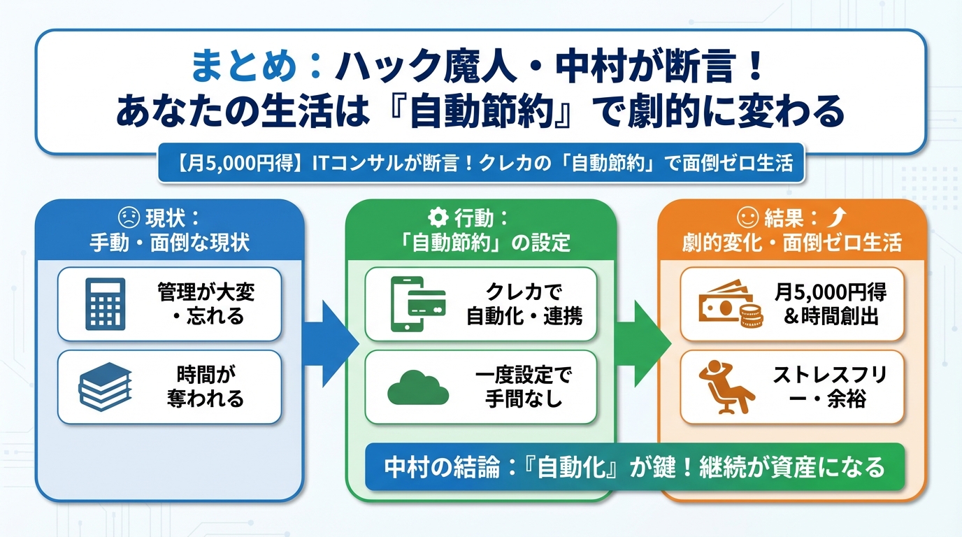 クレジットカード・節約 まとめ：ハック魔人・中村が断言！あなたの生活は『自動節約』で劇的に変わる