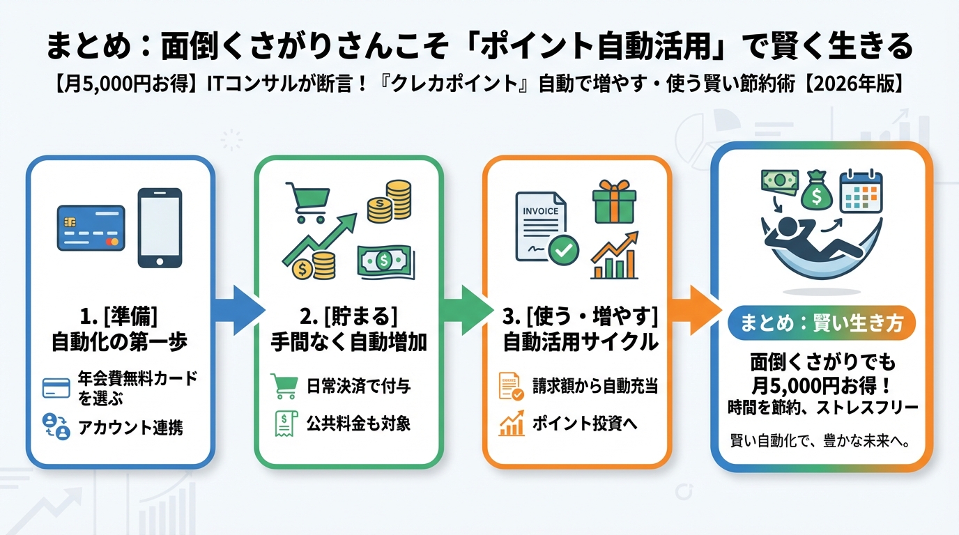 クレジットカード・節約 まとめ:面倒くさがりさんこそ「ポイント自動活用」で賢く生きる