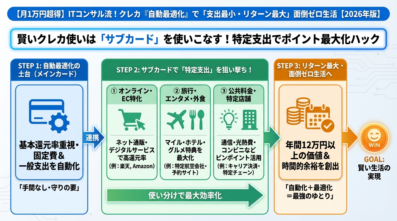 クレジットカード・節約 賢いクレカ使いは「サブカード」を使いこなす！特定支出でポイント最大化ハック