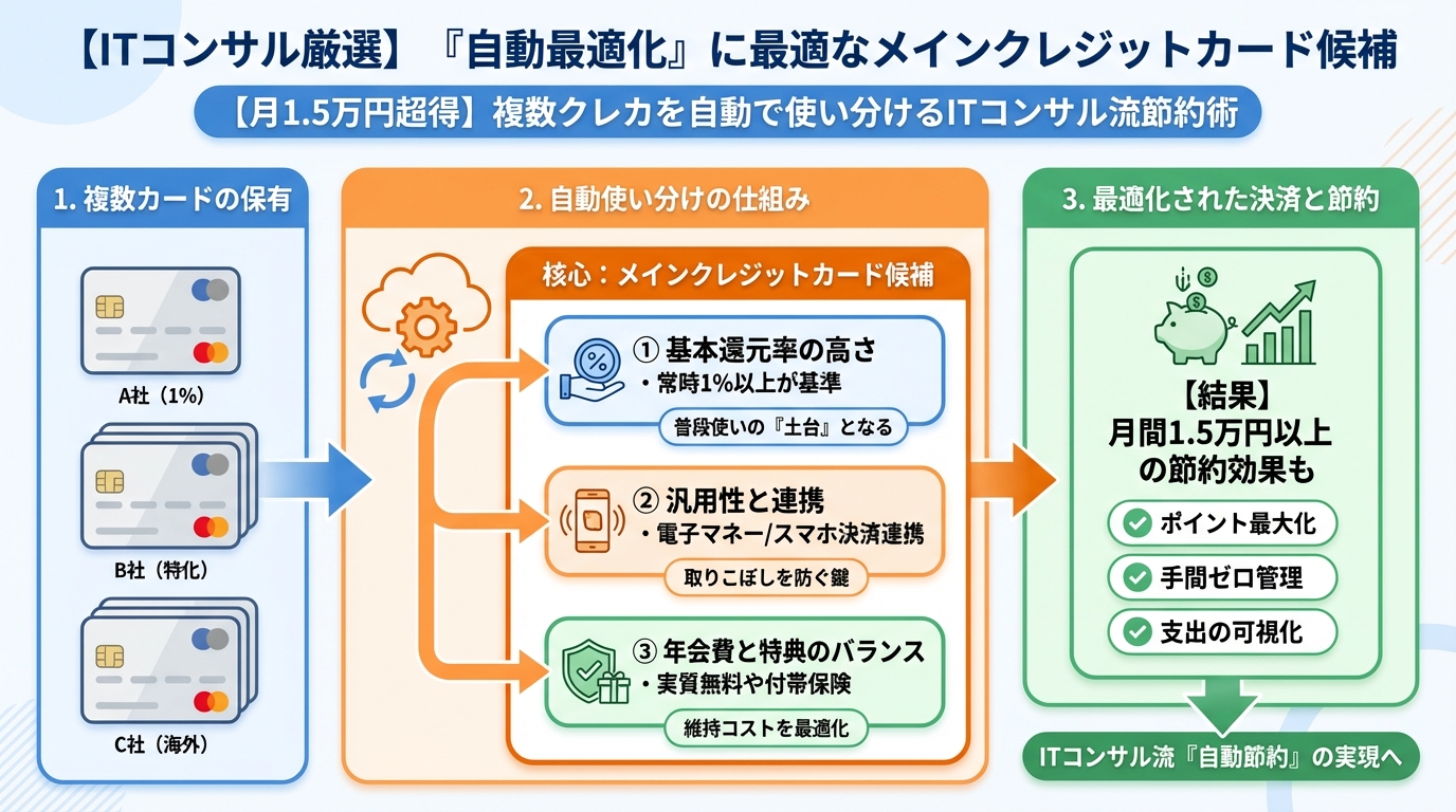 クレジットカード・節約 【ITコンサル厳選】『自動最適化』に最適なメインクレジットカード候補