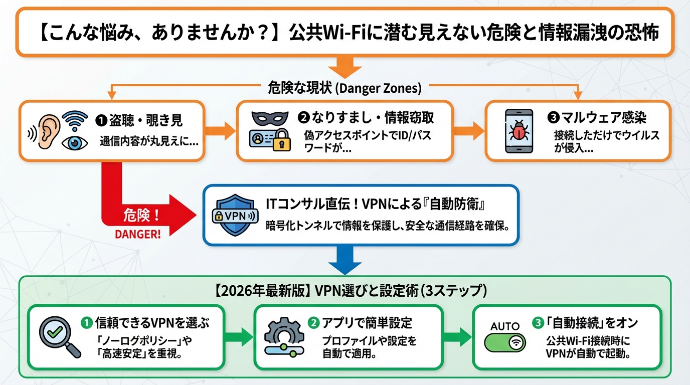 VPN・セキュリティ こんな悩み、ありませんか？ 公共Wi-Fiに潜む見えない危険と情報漏洩の恐怖
