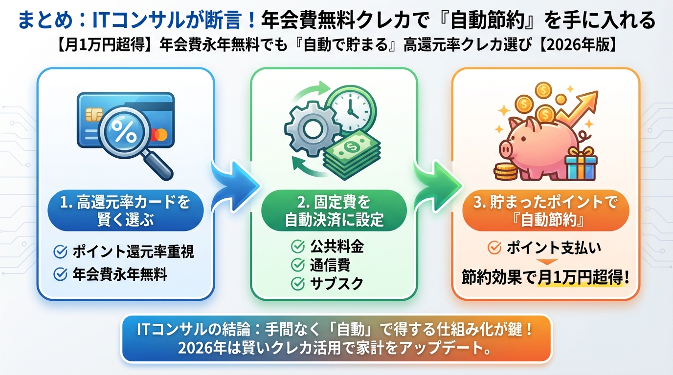 クレジットカード・節約 まとめ：ITコンサルが断言！年会費無料クレカで『自動節約』を手に入れる