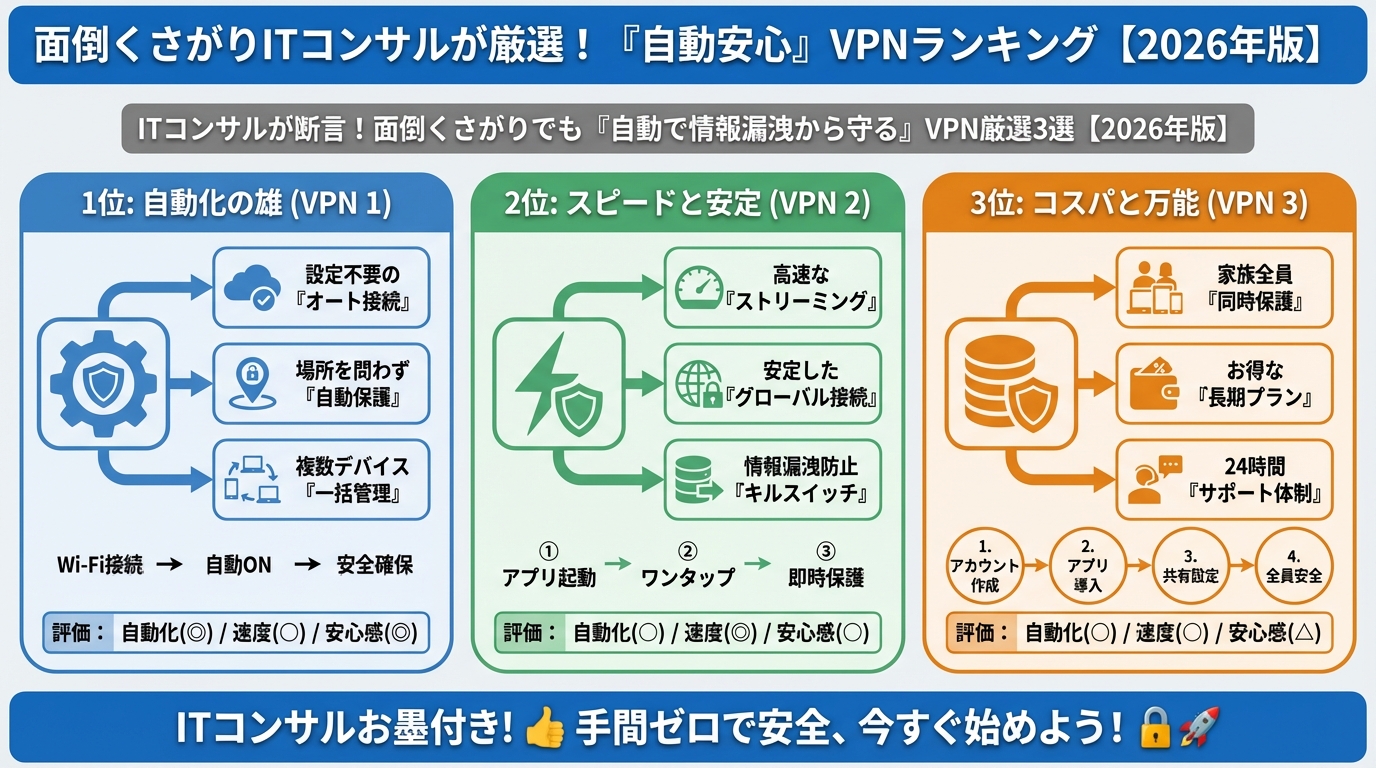 VPN・セキュリティ 面倒くさがりITコンサルが厳選！『自動安心』VPNランキング【2026年版】