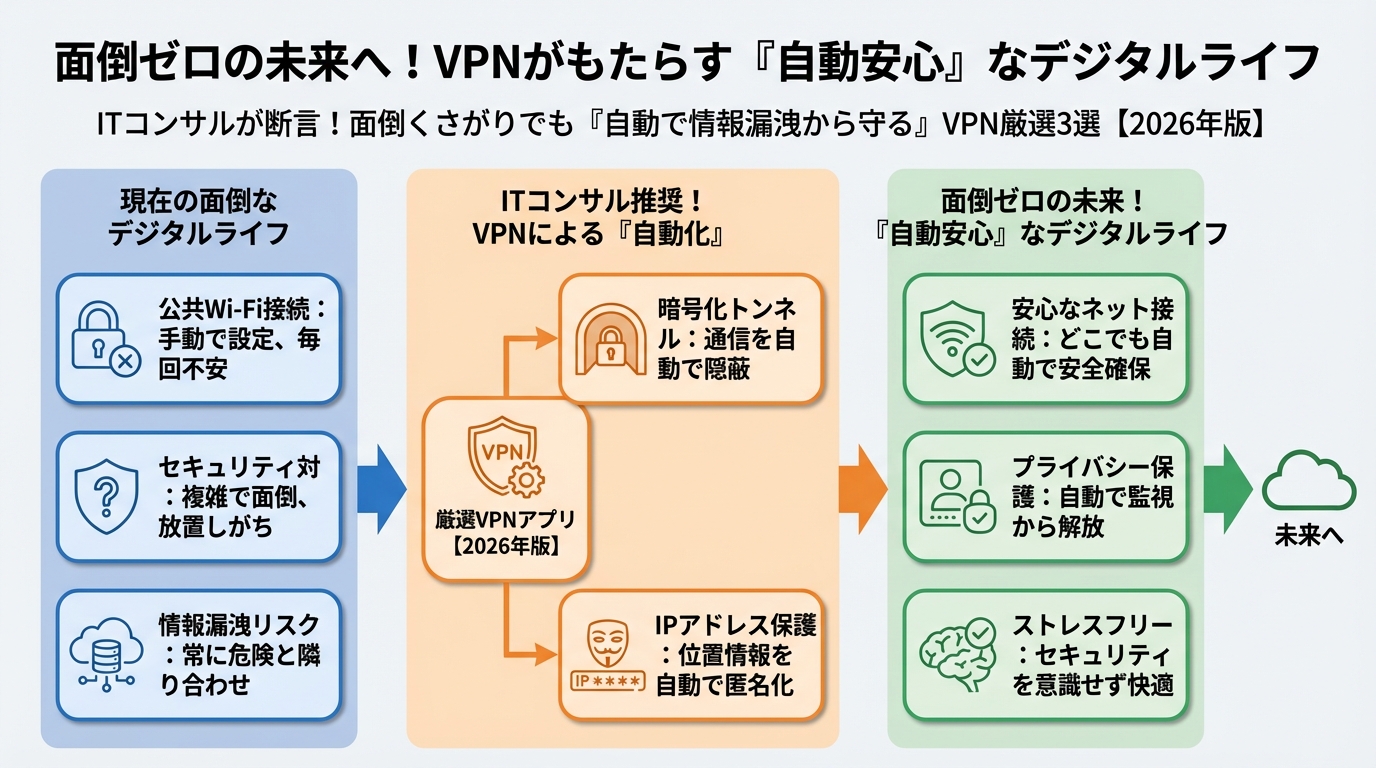 VPN・セキュリティ 面倒ゼロの未来へ！VPNがもたらす『自動安心』なデジタルライフ
