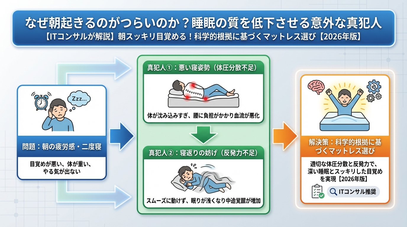 マットレス・睡眠 なぜ朝起きるのがつらいのか?睡眠の質を低下させる意外な真犯人