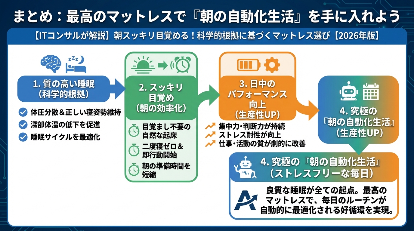 マットレス・睡眠 まとめ:最高のマットレスで『朝の自動化生活』を手に入れよう