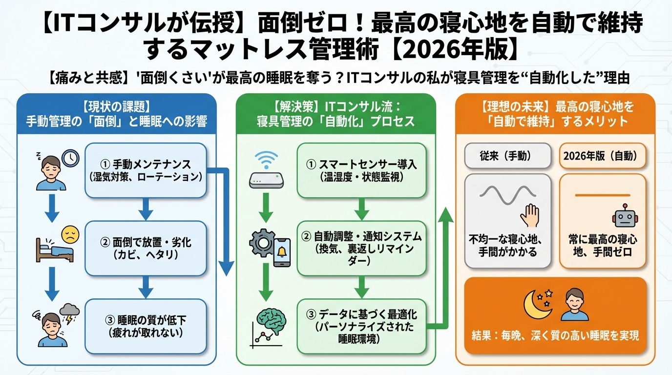 マットレス・睡眠 【痛みと共感】'面倒くさい'が最高の睡眠を奪う？ITコンサルの私が寝具管理を“自動化した”理由