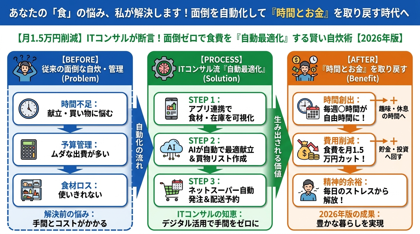食費節約・自炊 あなたの「食」の悩み、私が解決します！面倒を自動化して『時間とお金』を取り戻す時代へ
