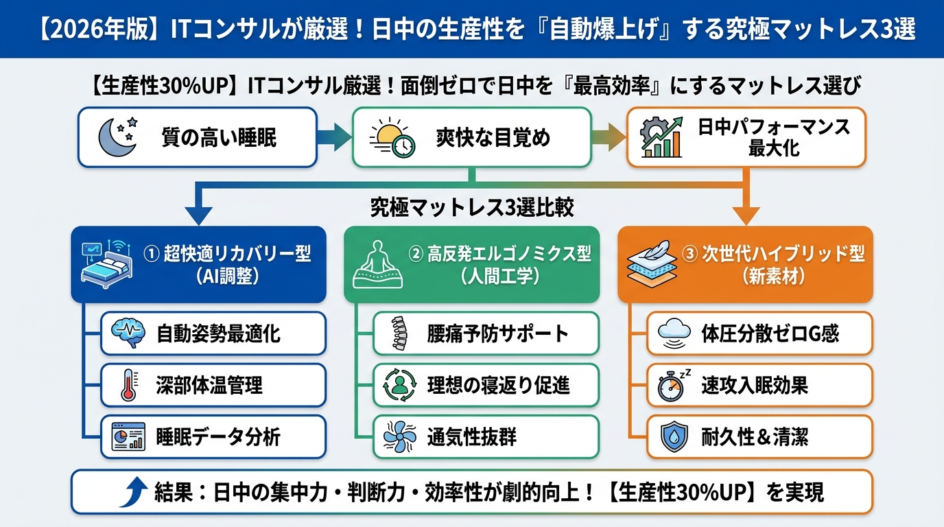 マットレス・睡眠 【2026年版】ITコンサルが厳選！日中の生産性を『自動爆上げ』する究極マットレス3選
