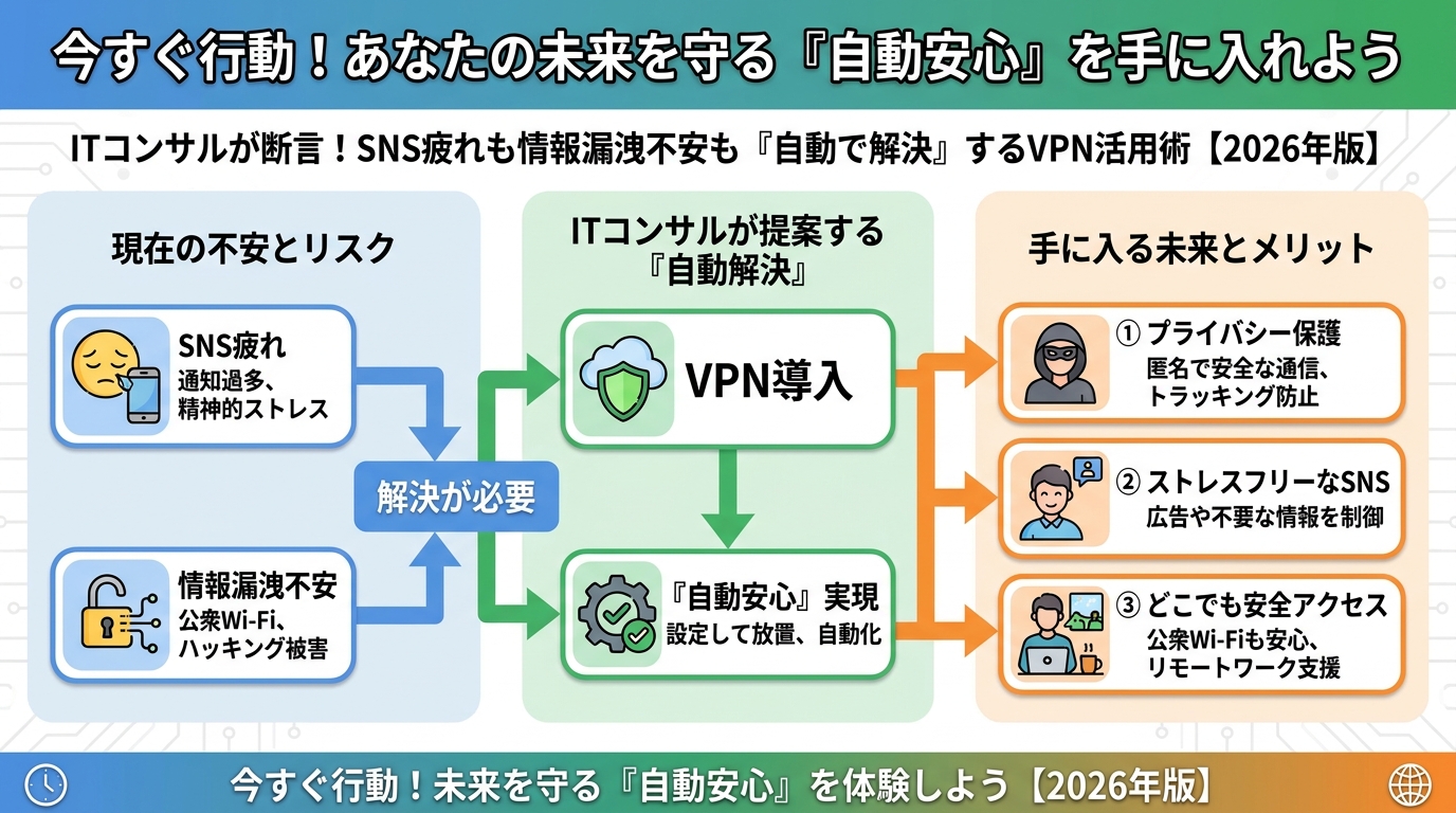 VPN・セキュリティ 今すぐ行動！あなたの未来を守る『自動安心』を手に入れよう
