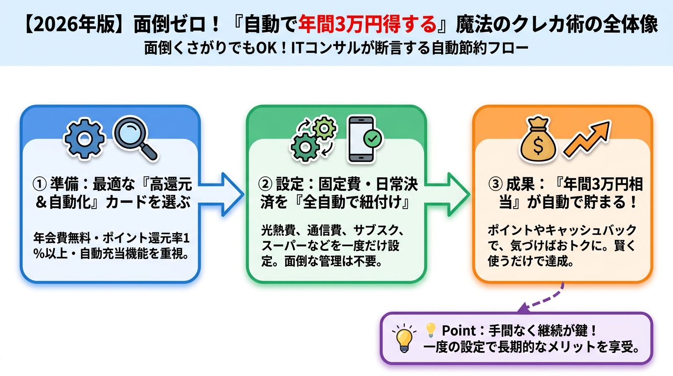 クレジットカード・節約 面倒くさがりでも年間3万円得られる！自動節約クレカ術の全体像