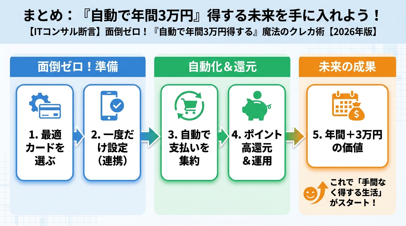 クレジットカード・節約 まとめ：『自動で年間3万円』得する未来を手に入れよう！