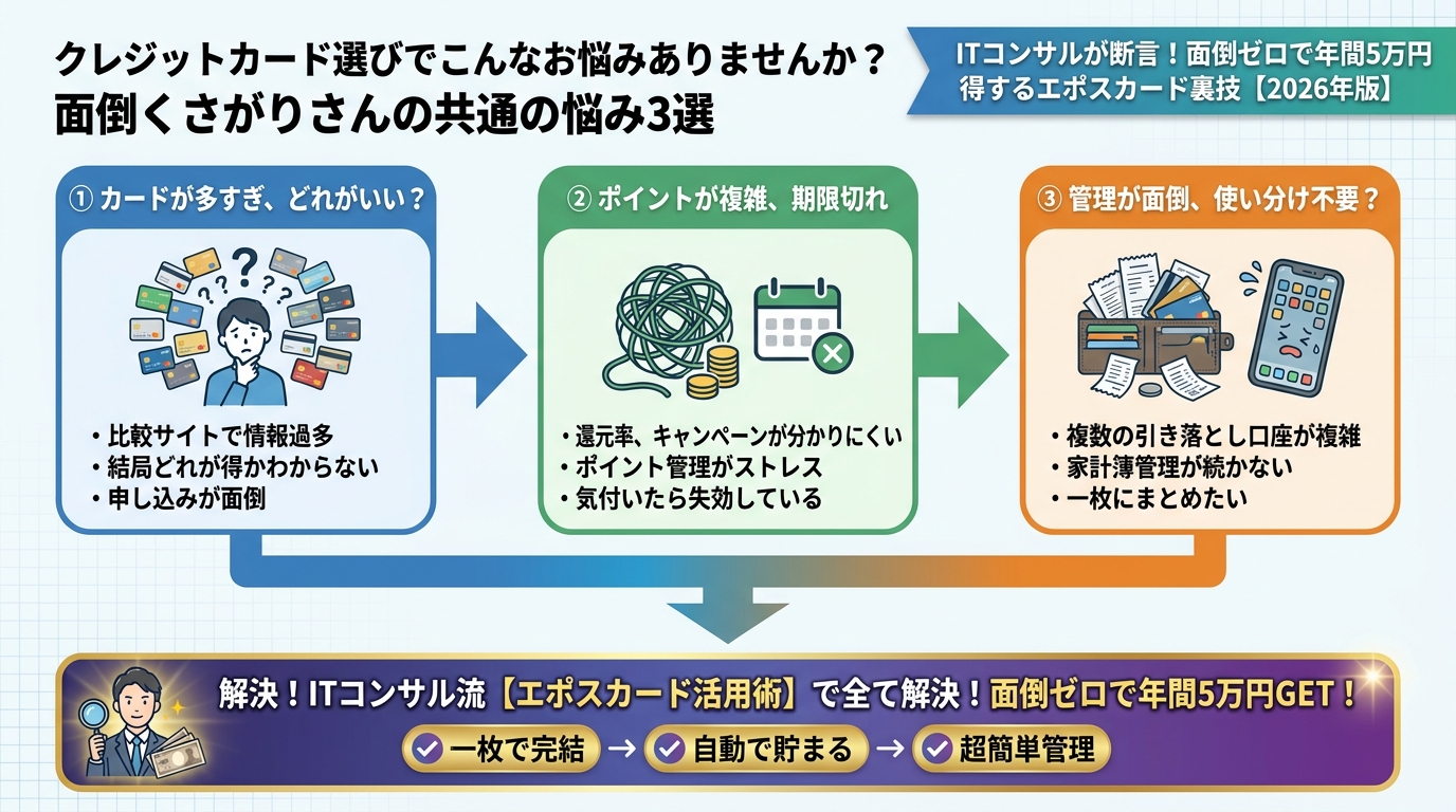 クレジットカード・節約 クレジットカード選びでこんなお悩みありませんか？面倒くさがりさんの共通の悩み3選