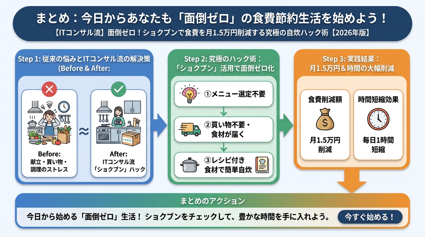 食費節約・自炊 まとめ：今日からあなたも「面倒ゼロ」の食費節約生活を始めよう！