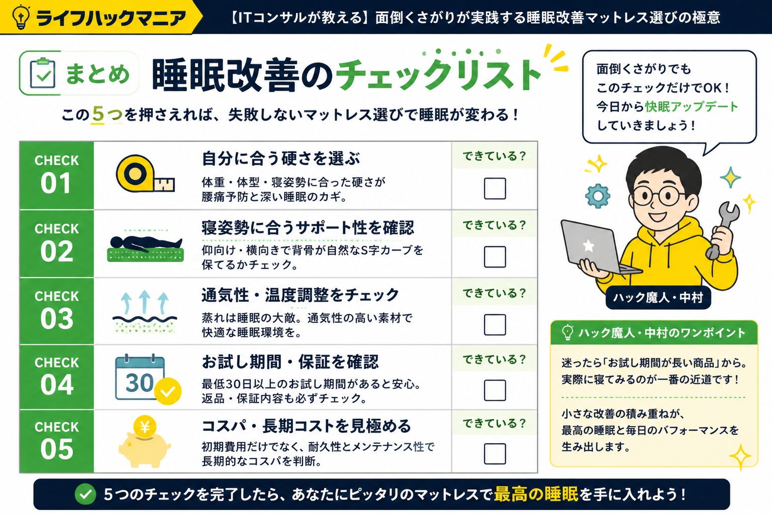 マットレス・睡眠 まとめ：睡眠改善のチェックリスト