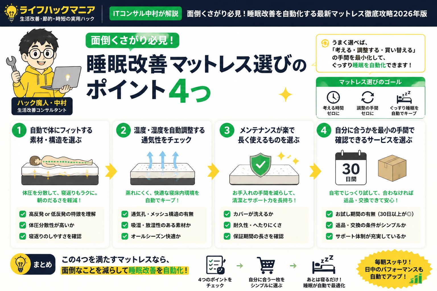 マットレス・睡眠 面倒くさがり必見！睡眠改善マットレス選びのポイント4つ