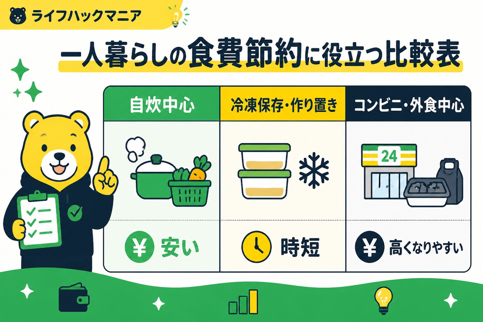 食費節約・自炊 一人暮らしの食費節約に役立つ比較表