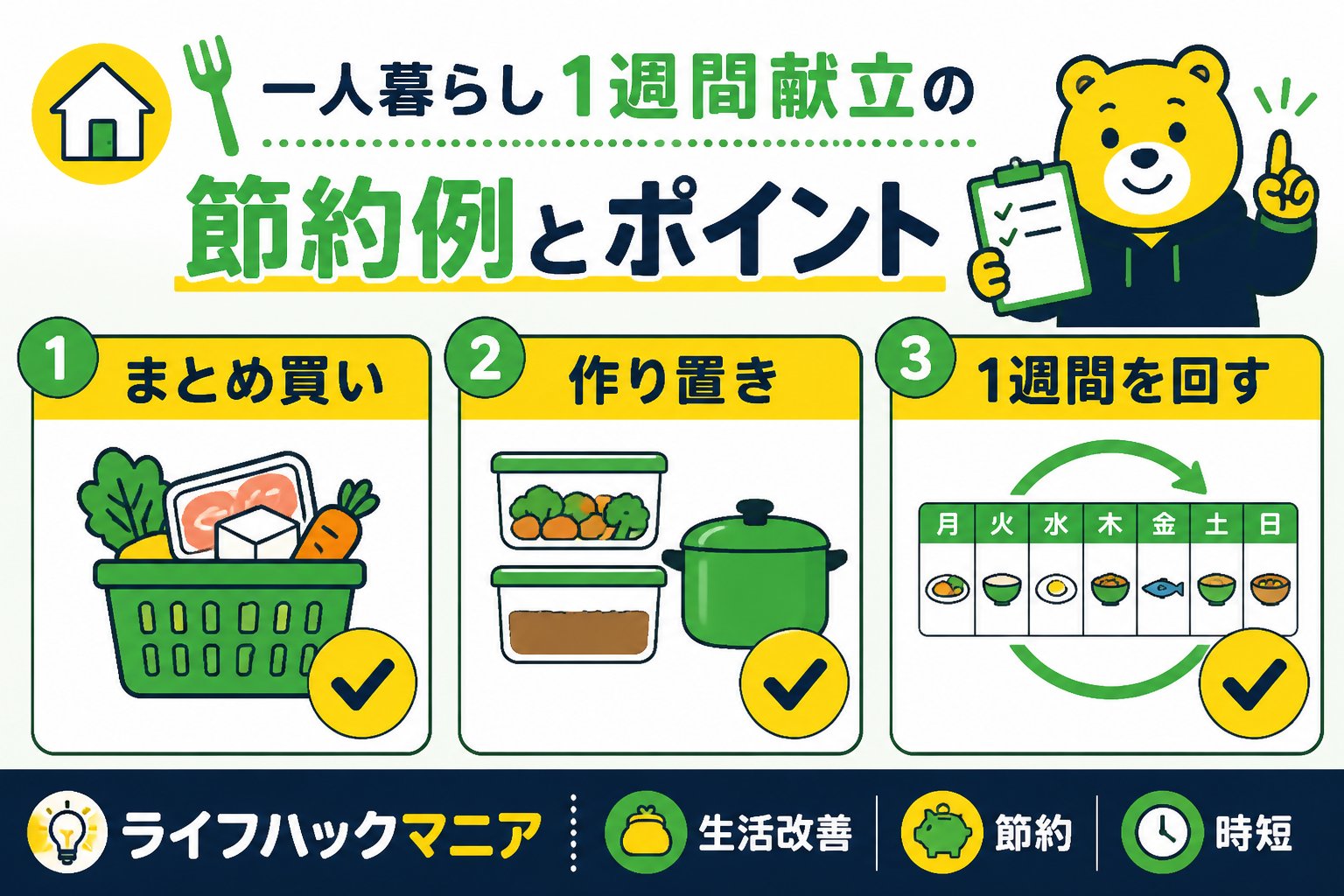 食費節約・自炊 一人暮らし1週間献立の節約例とポイント