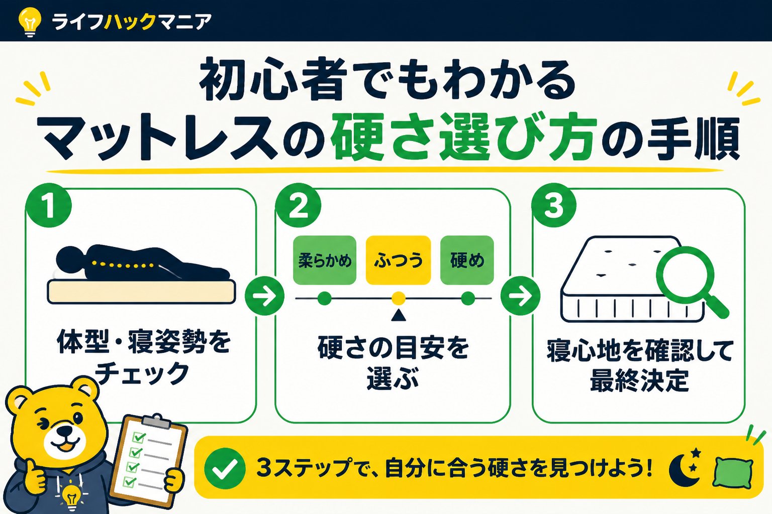 マットレス・睡眠 初心者でもわかるマットレスの硬さ選び方の手順