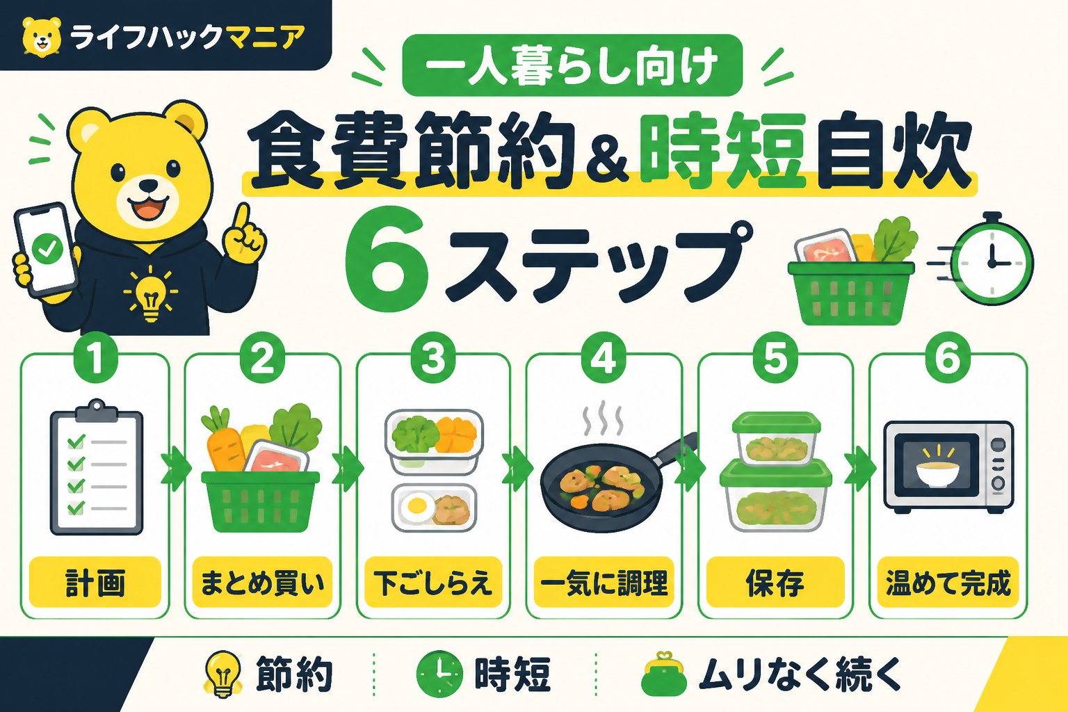 食費節約・自炊 一人暮らし向け食費節約＆時短自炊6ステップ