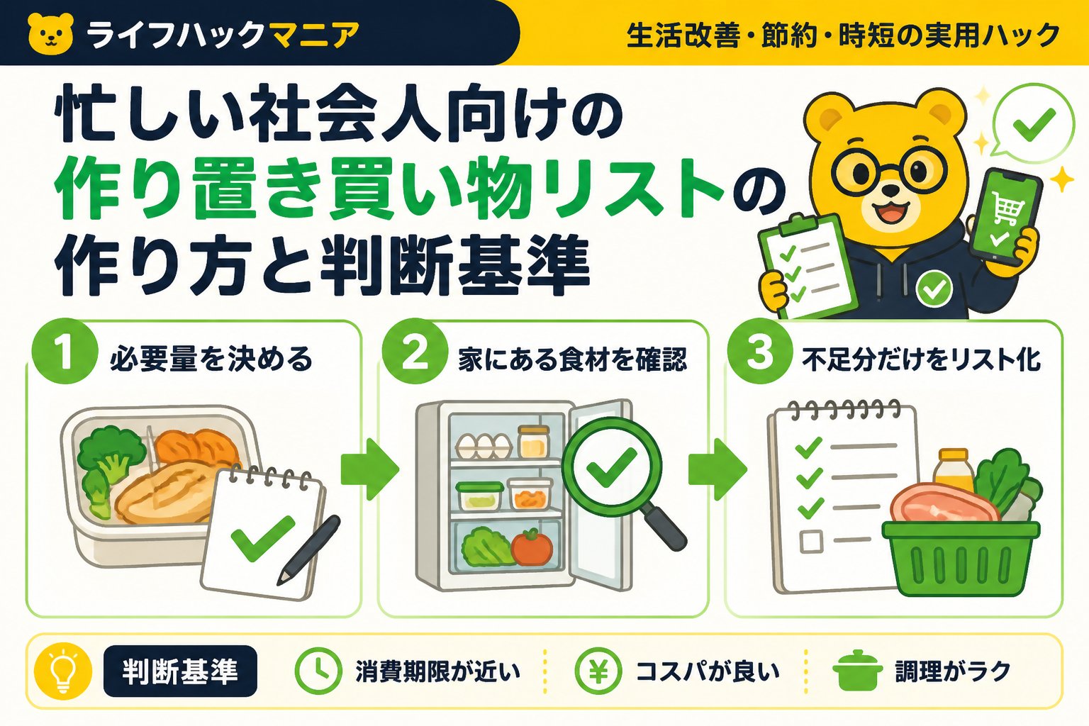 食費節約・自炊 忙しい社会人向けの作り置き買い物リストの作り方と判断基準