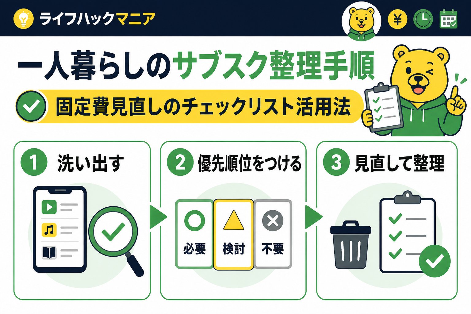 節約・お金 一人暮らしのサブスク整理手順:固定費見直しのチェックリスト活用法